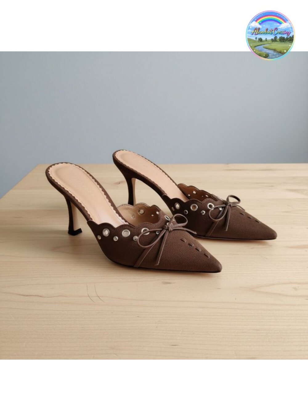 Suede Leather Kitten Heel Mules Silver Studs Bow Pointed Toe 3.5in Heels
